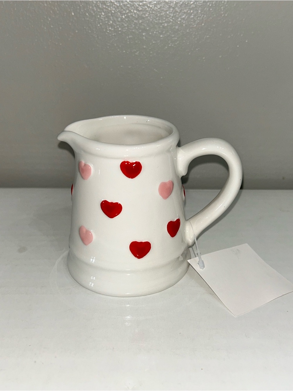 Hobby Lobby White Ceramic Mini Pitcher with Red and Pink Heart Motif